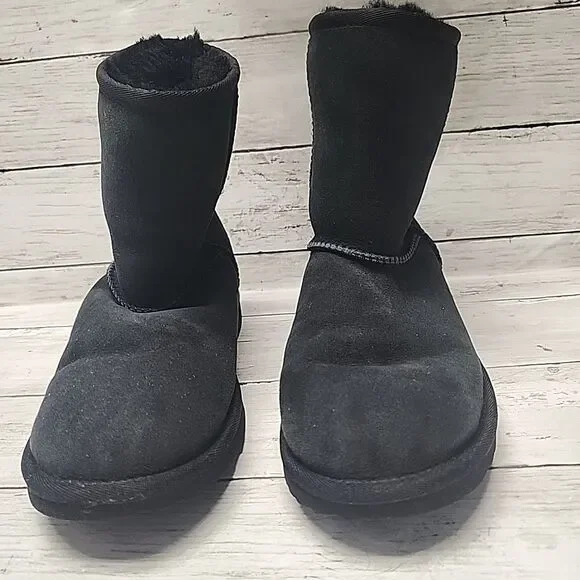 UGG Boots Classic Short II Black Suede Fur Boots Women Size 6 - Picture 3 of 8